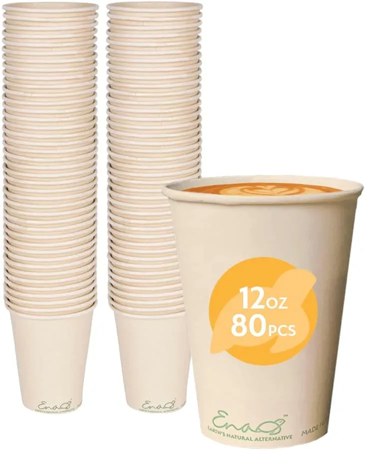 100% Compostable Disposable Coffee Cups 12oz or 16oz, 320 Pack Paper Cups Made from Bamboo, Eco-Friendly, Biodegradable Unbleached Party Cups