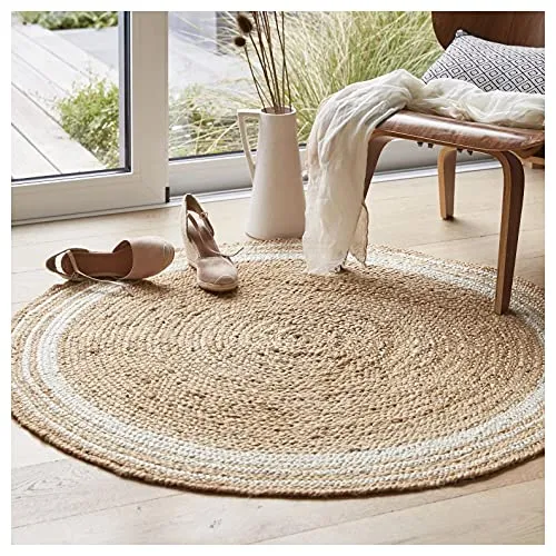 100% Jute Area Rug, Braided Design Hand Woven Dyed Natural Fibers Carpet