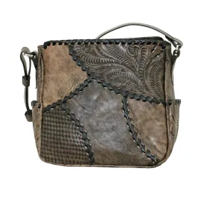 American West Womens Gypsy Patch Distressed Charcoal Brown Leather Crossbody Bag