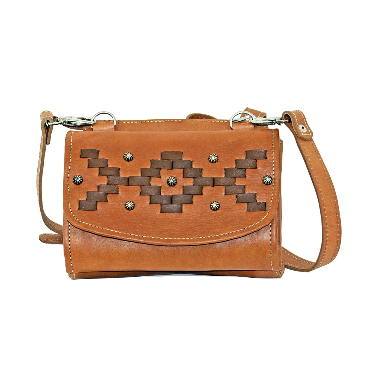 American West Womens Tribal Weave Golden Tan Leather Crossbody Bag