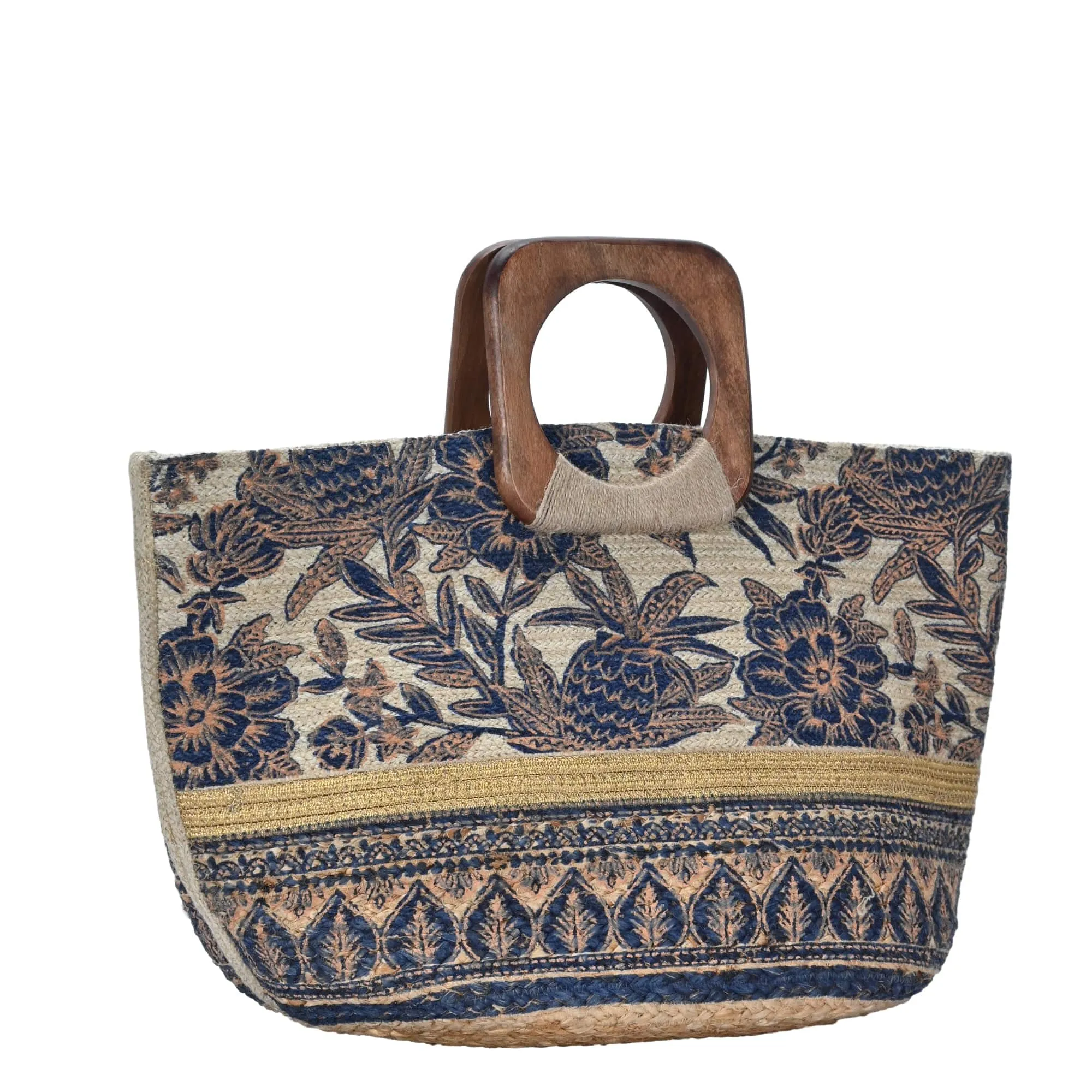 BGAIN203 Handmade Tropical Boho Jute Tote With Wooden Handles