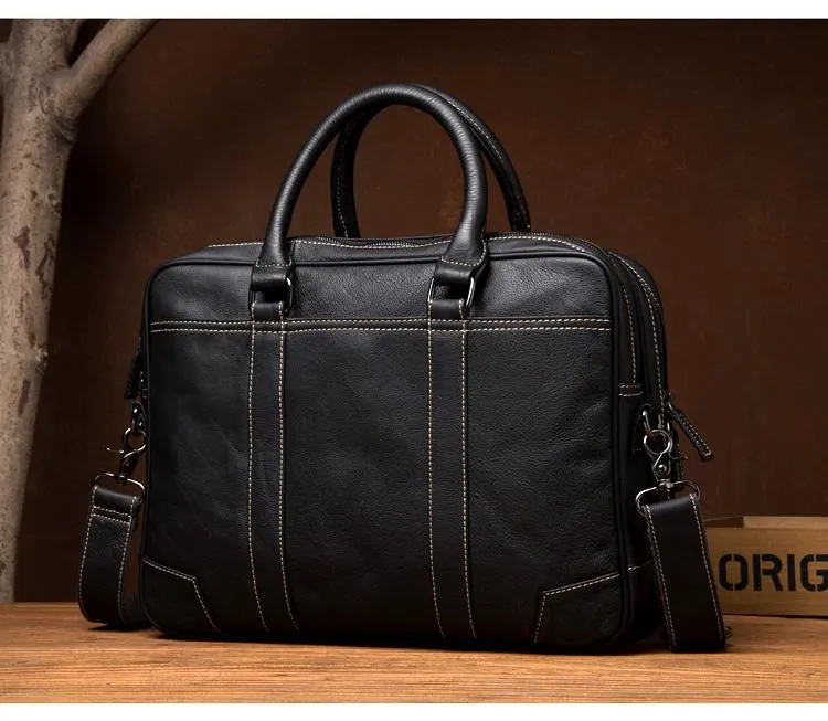 Black Leather Mens 15 inches Briefcase Laptop Side Bag Business Bags Work Bags for Men