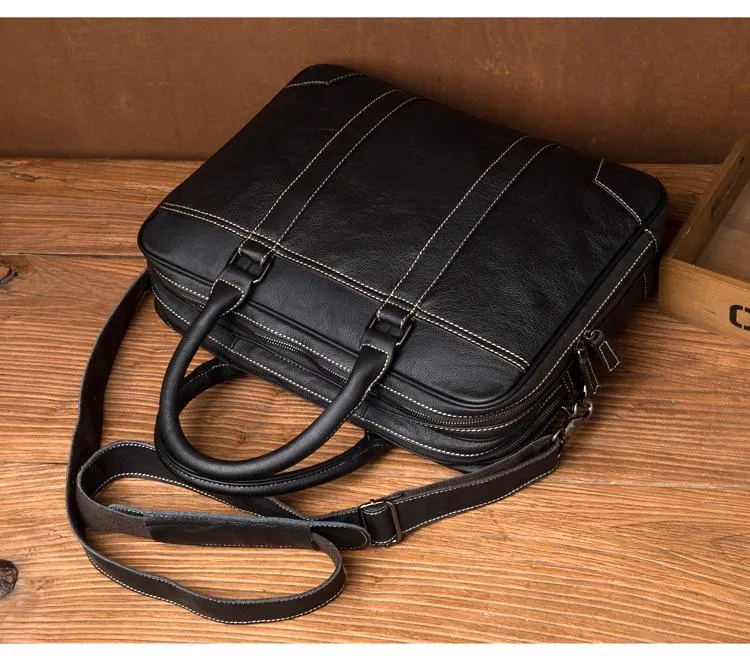 Black Leather Mens 15 inches Briefcase Laptop Side Bag Business Bags Work Bags for Men