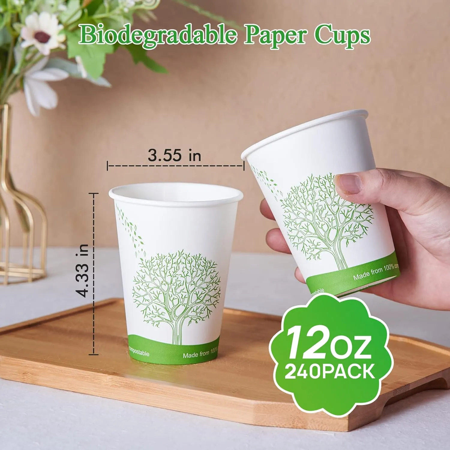 Compostable Paper Cups, Biodegradable Disposable Paper Coffee Cups with PLA Lined, Eco-friendly Hot Drinking Cups