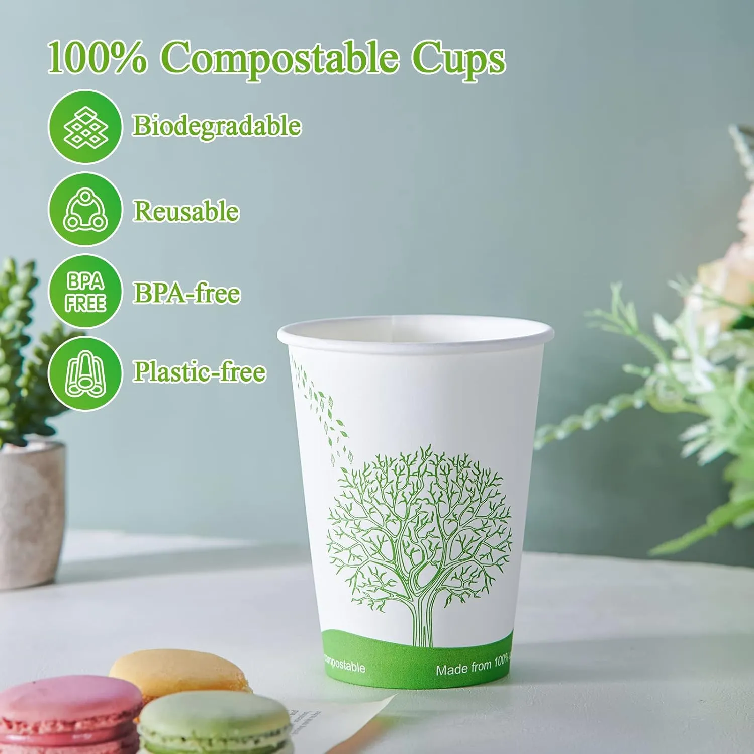 Compostable Paper Cups, Biodegradable Disposable Paper Coffee Cups with PLA Lined, Eco-friendly Hot Drinking Cups