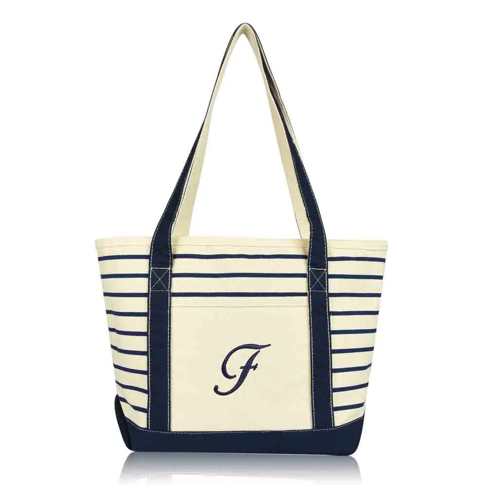 Dalix Striped F-Initial Tote Bag Womens Ballent Letter F