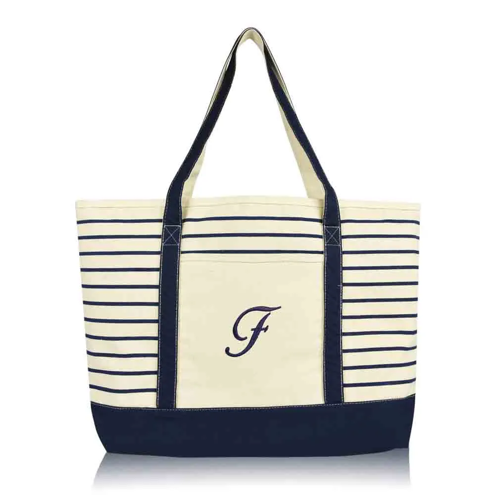 Dalix Striped F-Initial Tote Bag Womens Ballent Letter F