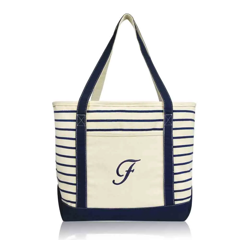 Dalix Striped F-Initial Tote Bag Womens Ballent Letter F