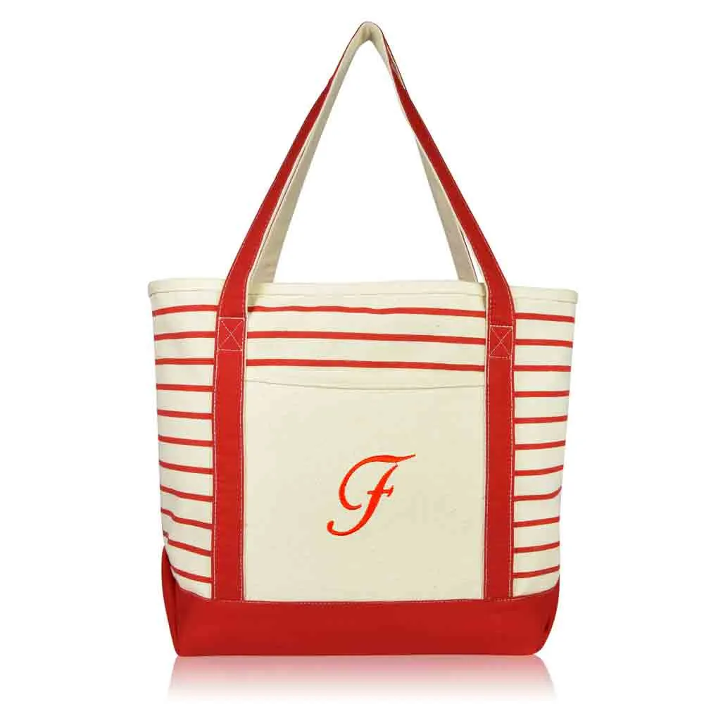 Dalix Striped F-Initial Tote Bag Womens Ballent Letter F