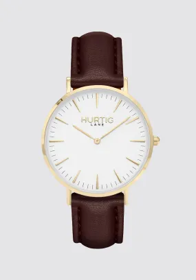 Mykonos Vegan Leather Watch Gold | White & Chestnut