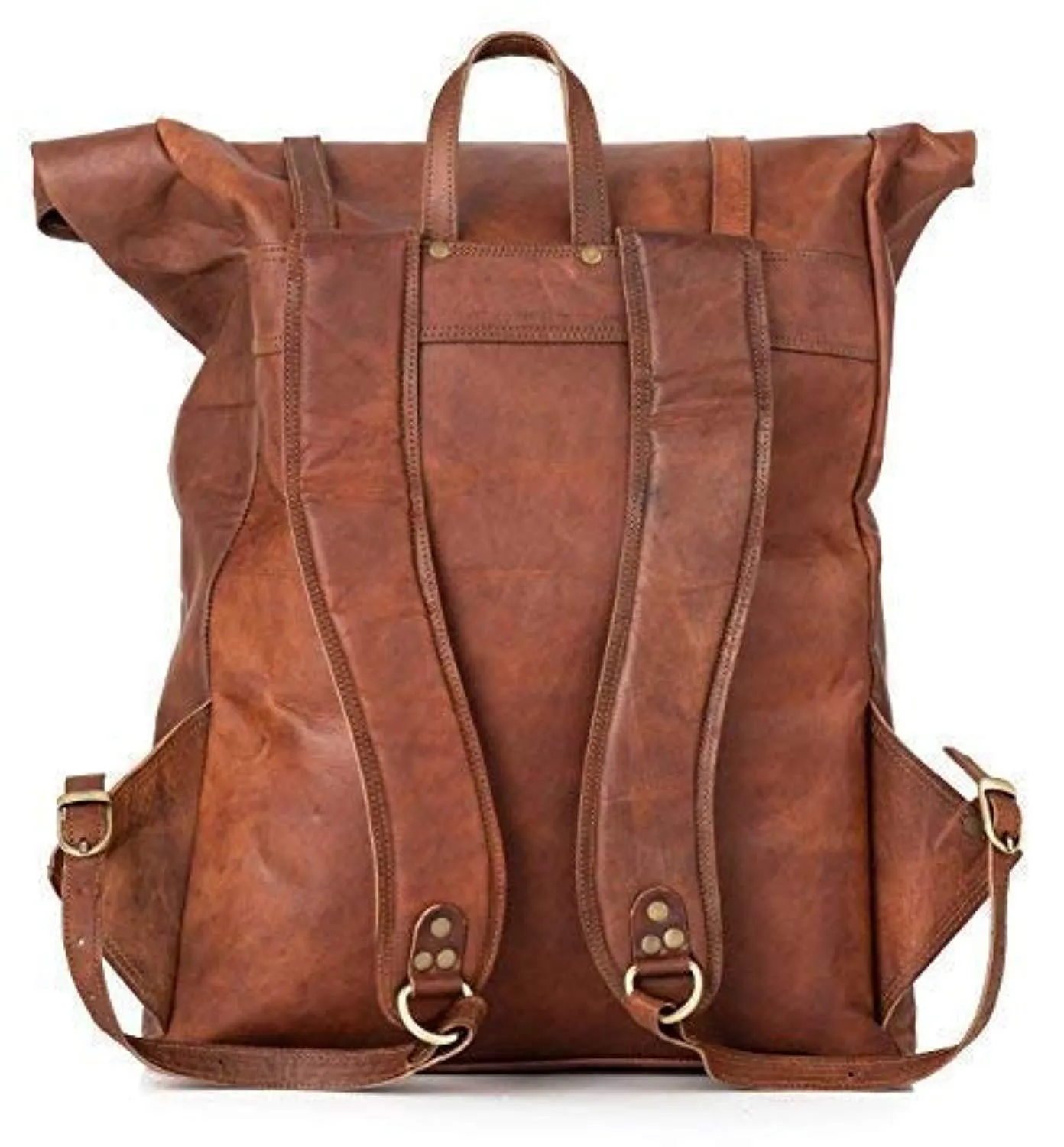 Roll Top Backpack Rucksack for Women Men Vintage Water Resistant Leather Brown Big xl